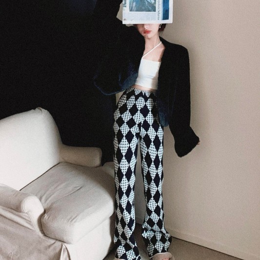 复古菱格针织高腰开叉长裤